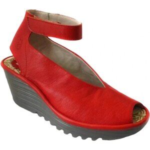 Fly London Lipstick Red Yala Peeptoe Leather Platform Sandal Size 39
